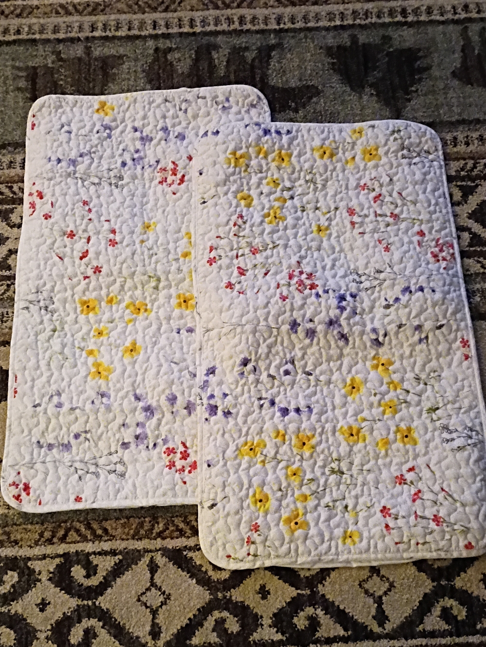 Vintage Floral Quilted Pillowcases  White with Rose Yellow & Purple  Flowers